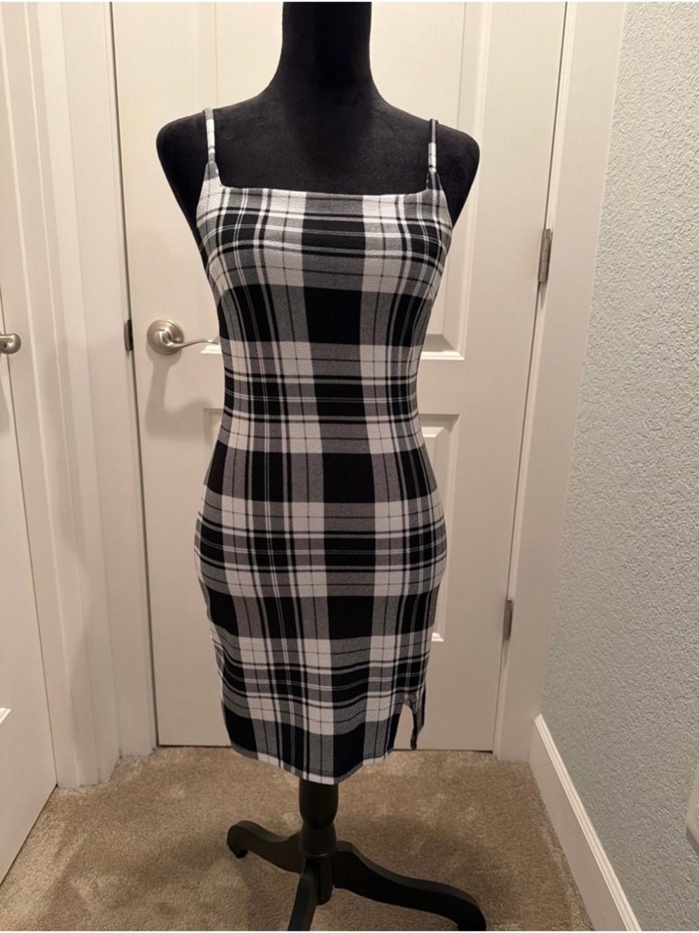 No Boundaries Black & White Plaid Spaghetti Strap Mini Dress